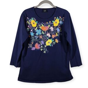 Sabaku Artwear Jardin Encantado Bird Floral Blue Top Women's Small 3/4 Sleeves